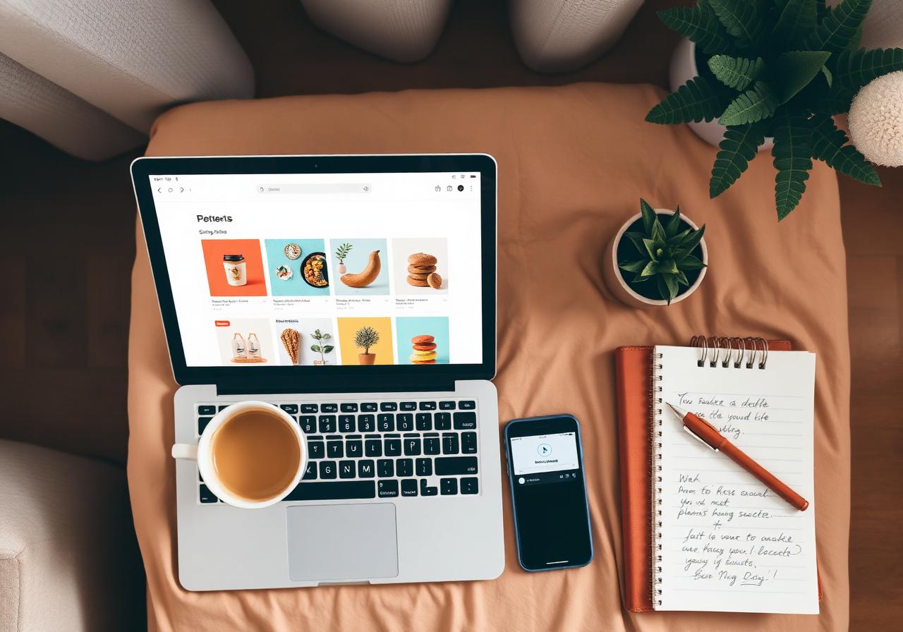 A cozy workspace with laptop displaying product lists